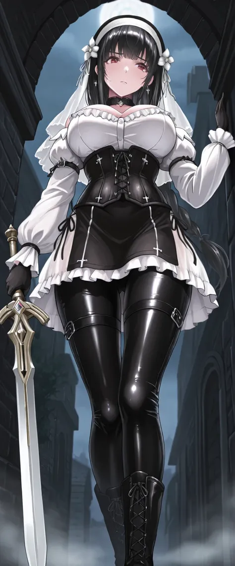  masterpiece, the best quality, muy estético, approach, 1girl, rabiane, View from below, approach from below, nun's veil skirt, Alone, standing, dynamic pose, holds a sword in his hand, serious look, black high boots, thigh-high boots,  cchoker:1.6, button...