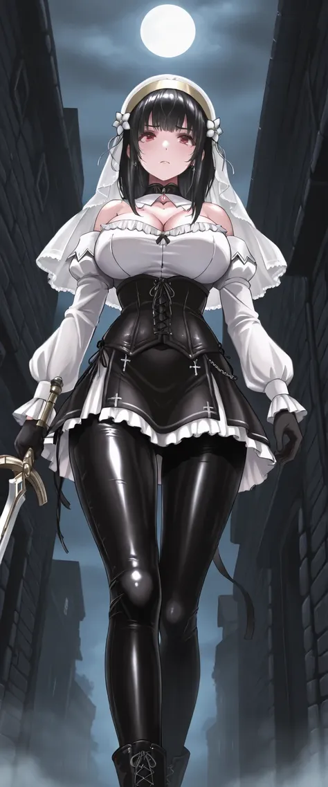  masterpiece, the best quality, muy estético, approach, 1girl, rabiane, View from below, approach from below, nun's veil skirt, Alone, standing, dynamic pose, holds a sword in his hand, serious look, black high boots, thigh-high boots,  cchoker:1.6, button...
