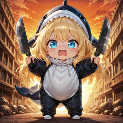 chibi,masterpiece、Highest Quality、Ultra Detailed 、anime style、chibi only、2.5 heads tall、A natural killer、Killer whale costume、Beautiful blond, blue-eyed girl in the downtown area、survival knife in hand、crying face、Passers-by 、Sunset City、
