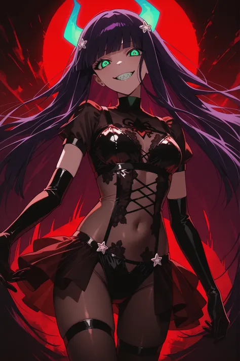 yandere,glowing eyes, wide smile, sharp teeth, glowing teeth, red theme, glowing horns,vibrant colors, silhouette, insane, dark art, madness,bodysuit, black gloves, elbow gloves, stocking (psg), black gloves, stockings (psg), short sleeves,1girl, solo, ben...