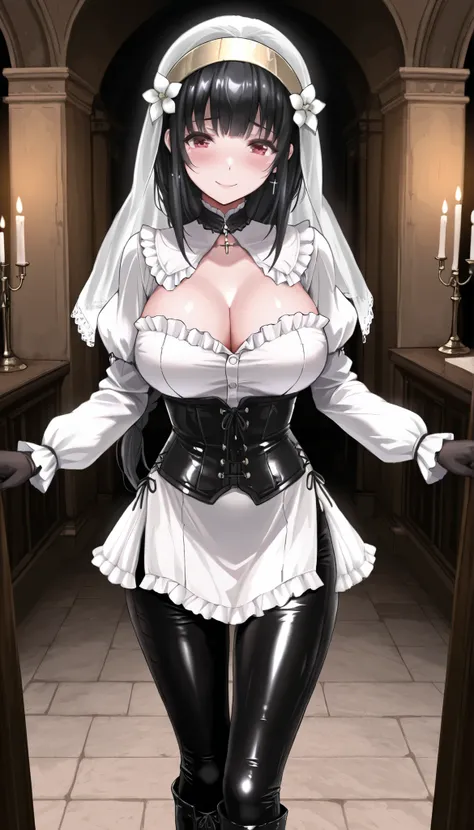  masterpiece, the best quality, muy estético, approach, 1girl, rabiane,  nun's veil skirt, Alone, standing, dynamic pose, shy smile, black high boots, thigh-high boots,  cchoker:1.6, buttoned shirt, (( Buttoned white buttoned shirt)), ((plain white long sl...