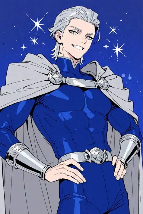 1man, bishounen, silver hair, hair slicked back, silver eyes, blue bodysuit, silver accents, silver cape, silver bracers, silver belt, hands on hips, sparkles, grin, flat color