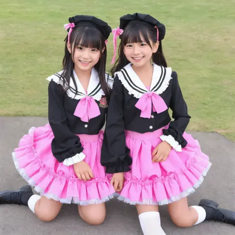 (8k,  Highest Quality, masterpiece,full body:1.2),   ultra high resolution,  complicated details,  1 girl,  10 years old,beautiful faces, black long hair,Back hair tied with ribbons,smile,Elementary school graduation outfit decorated with cute ruffles and ...