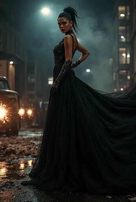 masterpiece, ultra-high quality, photorealistic, dramatic fashion scene, glamorous villain woman standing on a moving garbage truck, ultra-long luxurious black and white couture gown trailing behind, flowing fabric in the wind, cinematic lighting, late nig...