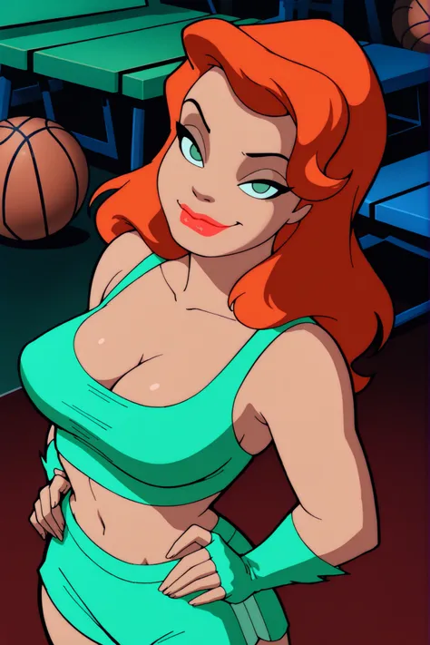 BREAK, score_6_up, score_7_up, score_8_up, score_9, Pamela Isley, 1girl, solo, orange hair, green eyes, lipstick, makeup, large breasts, cleavage, curvy, athletic, busty, masterpiece, best quality, newest, absurdres, ultra highres, amazing quality, very ae...