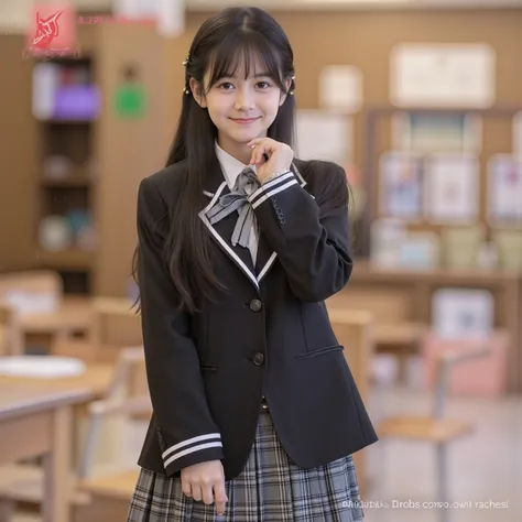 (8k, Highest Quality, masterpiece,full body:1.2), ultra high resolution, complicated details, 1 girl, ((10 years old,elementary school student)),beautiful faces, black long hair, black and white school uniform ,blazer after face,pleated skirt,
