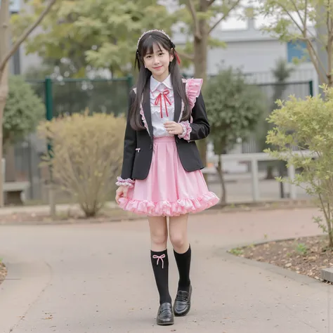 (8k, Highest Quality, masterpiece,full body:1.2), ultra high resolution, complicated details, 1 girl, ((10 years old,elementary school student:1.0)),beautiful faces, black long hair,Back hair tied with ribbons,smile,Elementary school graduation outfi...