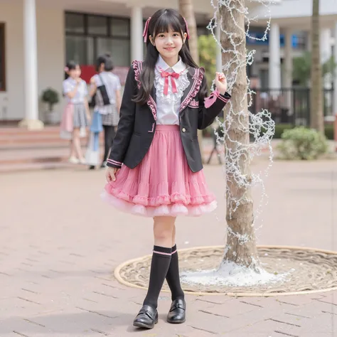 (8k, Highest Quality, masterpiece,full body:1.2), ultra high resolution, complicated details, 1 girl, ((10 years old,elementary school student:1.0)),beautiful faces, black long hair,Back hair tied with ribbons,smile,Elementary school graduation outfi...
