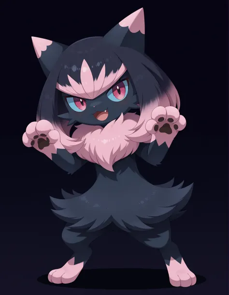 Noxmauve, solo, smile, open_mouth, pink_eyes, simple_background, black_hair, standing, full_body, pink_hair, multicolored_hair, fang, hands_up, pokemon_\(creature\), black_background, paw_pose, black_fur, blue_sclera, highlights_(coloring), gradient_hair,