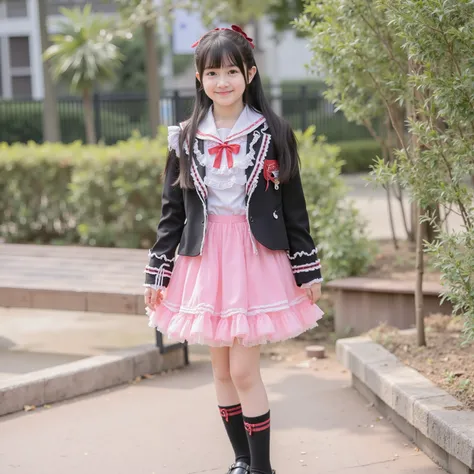 (8k, Highest Quality, masterpiece,full body:1.2), ultra high resolution, complicated details, 1 girl, 10 years old,beautiful faces, black long hair,Back hair tied with ribbons,smile,Elementary school graduation outfit decorated with cute ruffles and ...