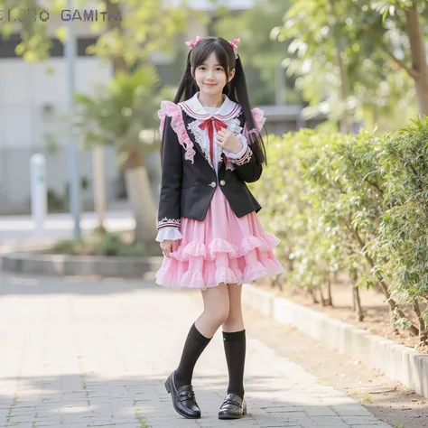 (8k, Highest Quality, masterpiece,full body:1.2), ultra high resolution, complicated details, 1 girl, ((10 years old,Short Height,elementary school student:1.0)),beautiful faces, black long hair,Back hair tied with ribbons,smile,Elementary school gra...