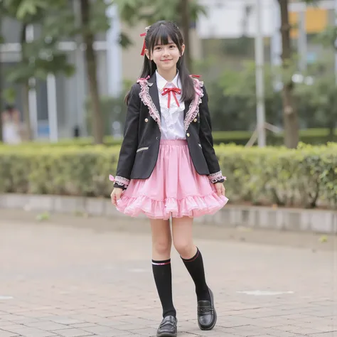 (8k, Highest Quality, masterpiece,full body:1.2), ultra high resolution, complicated details, 1 girl, ((10 years old,Short Height,elementary school student:1.0)),beautiful faces, black long hair,Back hair tied with ribbons,smile,Elementary school gra...