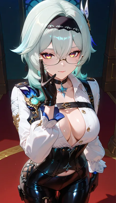 ((dark filter)), BREAK EulasDxL,a woman, Alone, mirando al espectador, seductive expression, eyeglasses, hair ornament, medium length, Gloves, Chest Harness , long sleeves white, ((cabello azul)), yellow eyes, headband, medium hair, Pechos grandes , th...