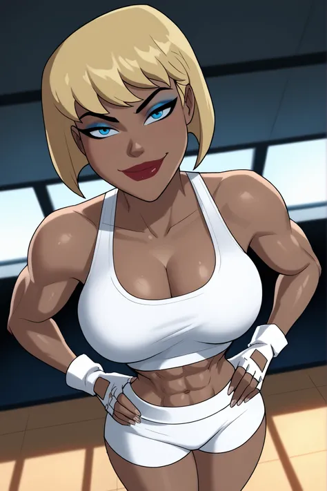 BREAK, score_6_up, score_7_up, score_8_up, score_9, g4l4t3a, 1girl, solo, short hair, bangs, blue eyes, blonde hair, lipstick, makeup, dark skin, dark-skinned female, large breasts, busty, cleavage, curvy, athletic, muscular female, looking at viewer, sedu...