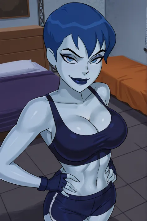 BREAK, score_6_up, score_7_up, score_8_up, score_9, su_frost, 1girl, solo, blue eyes, blue hair, blue lips, blue skin, colored skin, lipstick, makeup, short hair, masterpiece, best quality, large breasts, busty, cleavage, curvy, athletic, looking at viewer...