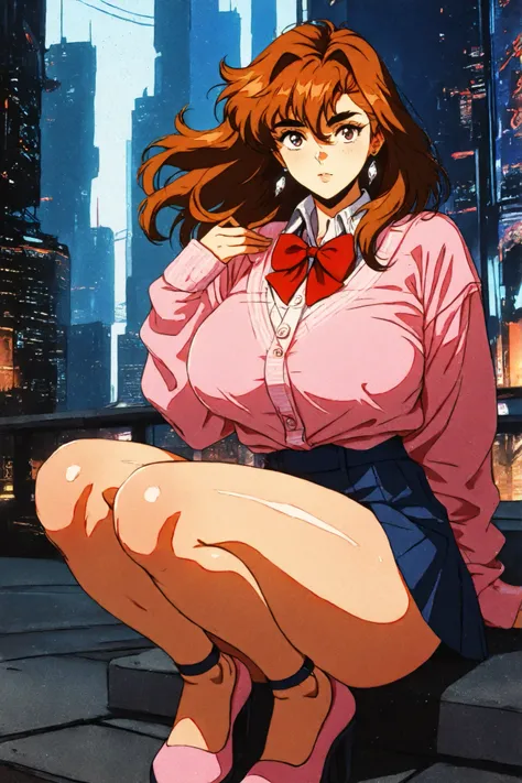 score_9, score_8_up, score_7_up, score_6_up, score_5_up, score_4_up, KJOmomo, brown hair, dark eyes, medium hair, hair between eyes, thick eyebrows, earrings,white collared shirt, oversized pink pullover, long sleeves, red bow, blue short skirt, untucke...