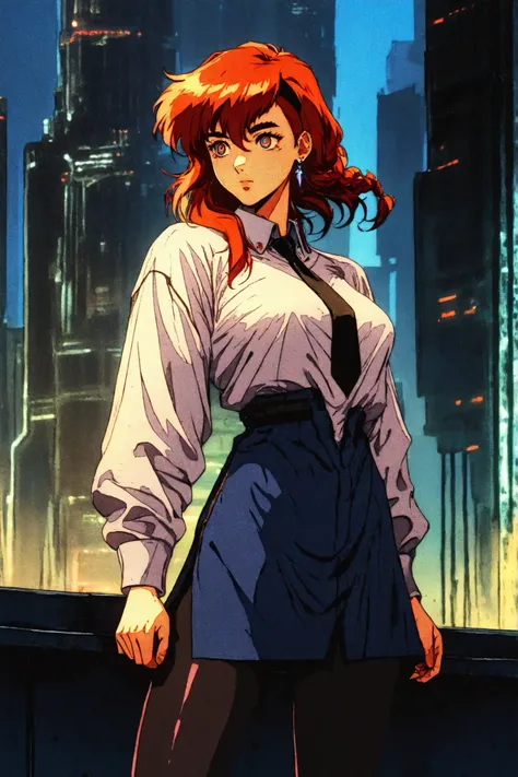 score_9, score_8_up, score_7_up, score_6_up, score_5_up, score_4_up,  , mak1ma0, red hair, long hair, ringed eyes, braid, white collared shirt,black necktie, black pants,  1girl, solo, alone, retro_artstyle, retro, cyberpunk, standing, cyberpunk city backg...