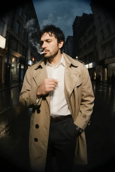 by Fisheye lens-style，Extreme Wide-Angle，Perspective Intensification，Dynamic Perspective，Edge Stretch,A highly detailed, cinematic 35mm photograph of a man wearing a classic trench coat, standing alone on a rainy city street at night. The shot has shallow ...