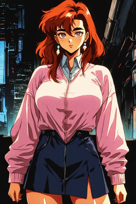 score_9, score_8_up, score_7_up, score_6_up, score_5_up, score_4_up,  , mak1ma0, red hair, long hair, ringed eyes, braid, white collared shirt,black ,  1girl, solo, alone, retro_artstyle, retro, cyberpunk, standing, cyberpunk city,background,score_9, score...