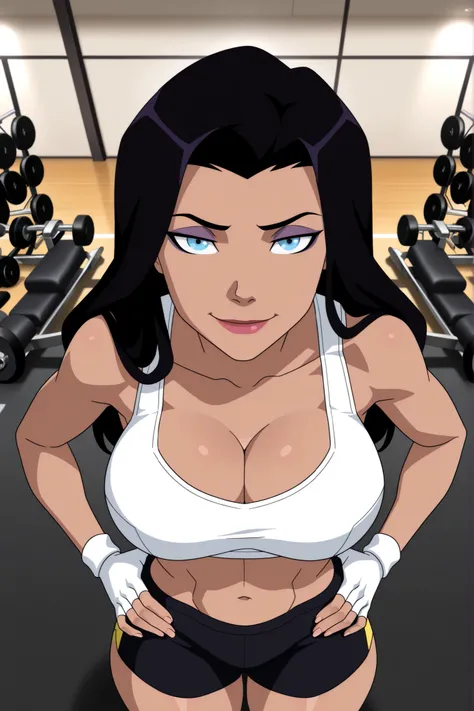 ((parody), perfect anatomy, perfect eyes, cowboy shot,) BREAK  zatanna zatara, black hair, long hair, blue eyes, lipstick,  ((looking at viewer)), seducing viewer, teasing viewer, large breasts, busty, cleavage, curvy, athletic, standing, white sports bra,...