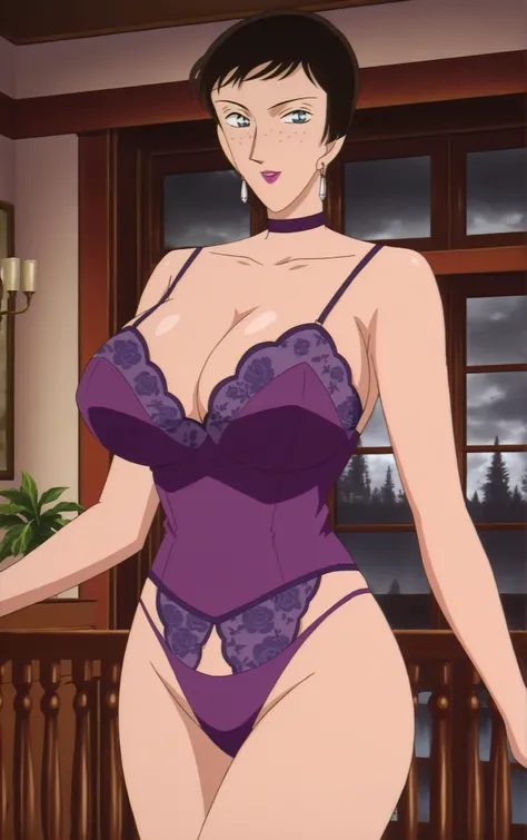 ikedachikako, black hair, Blue Eyes, earrings, jewelry, short hair, lipstick, makeup , choker)), inside a coffe shop, detailed freckles, blue eyes, very slim, thicc thighs, tight busty breast, in Balcony, modeling, large pencil Lingerie realistic hyper-de...