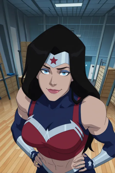 BREAK, score_6_up, score_7_up, score_8_up, score_9, 1girl, solo, long hair, blue eyes, black hair, bare shoulders, blue eyes, muscular female, midriff, bare shoulders, lipstick, makeup, wwBl00d, large breasts, busty, cleavage, curvy, athletic, looking at v...