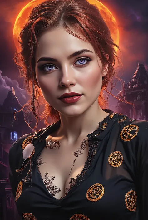 Intimate semi realistic surreal portrait of a divine siren goddess, oil painting with expressive brushstrokes, impossibly beautiful eyes like deep cosmic pools - huge and mesmerizing with gold-flecked violet irises burning with inner fire, framed by thick ...