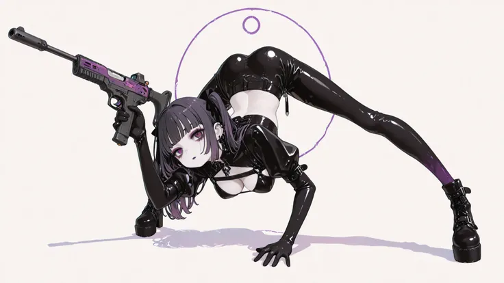 ((high angle)) Pale skin goth girl, gothic makeup,black latex pants ,very long and stylized legs, dynamic pose, Aim with a gun that holds his hand. textured white background,circle target,big tits,アイスクリームがたくさん床にある、鎖でつながれている