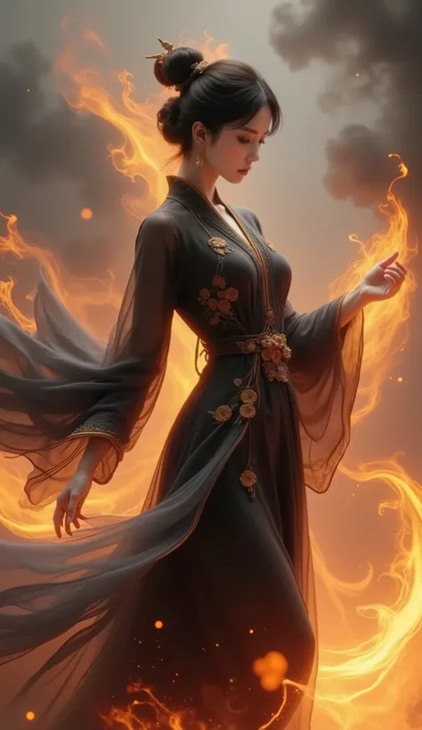 ex211,realismo,realista,foto, a woman dressed in traditional attire, possibly inspired by East Asian culture, such as Chinese or Japanese . The individual is wearing a flowing dress, dressed in dark color with embroidery and intricacy bent, including flora...