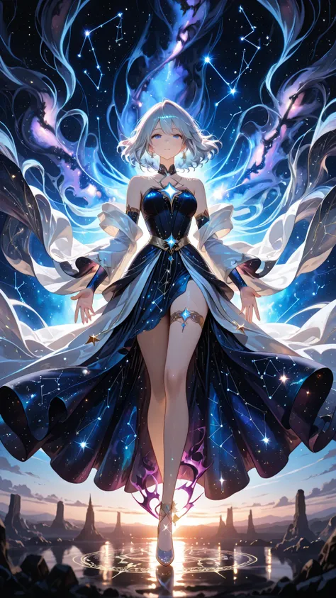 (masterpiece, Highest Quality, super detailed, HDR, 8k, cinematic lighting), 
One ethereal anime girl、is surrounded by shining constellation lines and star fragments, 
sparkling cosmic aura around her body, shimmering silver hair reflecting starlight, 
Hea...