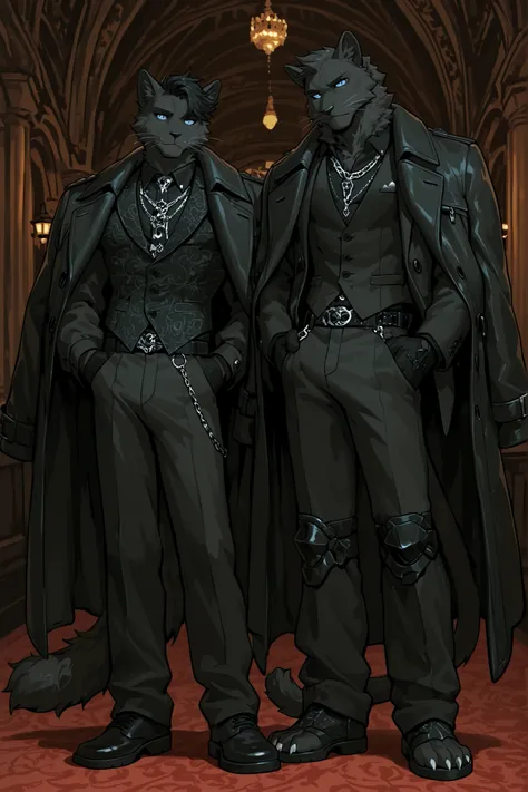 (cool_man_style, cool man, stylish man, handsome man, male cool clothes, cool fashion, intricate clothes, intricate accessories, intricate patterns, cool, stylish,) Male character black furry-cat, a feline beastman. The tall mighty middle aged man broad-s...