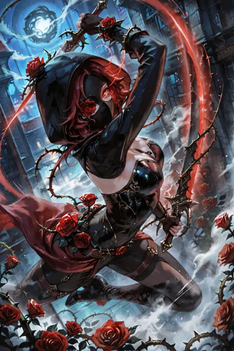 womanhood,glamorous, Assassin,black mask,redいフード,Dark Tool,knife,sparkle_eyes,Flower_testicles {x} Valerian Borouczyk's La Vette Movie_eye,eye trail,Jump, dance,(Rose:1.2),Thorn,red,night,fog,dynamic angle,background motion blur