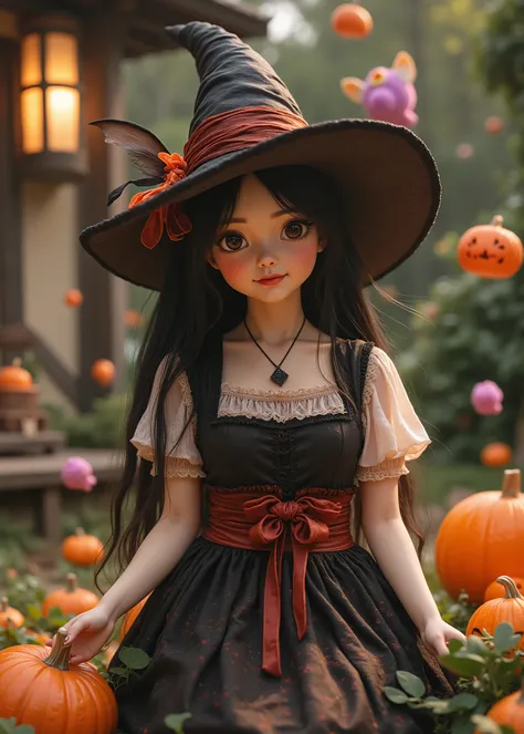 A cute Japanese cat、 Fairyland 、 a Halloween witch cosplay 、Witch Hat、a cute woman in a Halloween dress、has sexual appeal、in an old medieval house、a big colorful candy is falling in the garden、3D,high image quality、realistic、cinematic lighting、fun atmosp...
