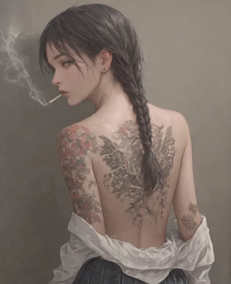 Japanese woman,1girl,黒い髪,braids, showing viewers its back,face is facing sideways,viewers,girls' uniform,Please take off your shirt and show your back,seated,Japanese-style tattoo on the back,smoking,Highest Quality,masterpiece,anatomically correct bod...