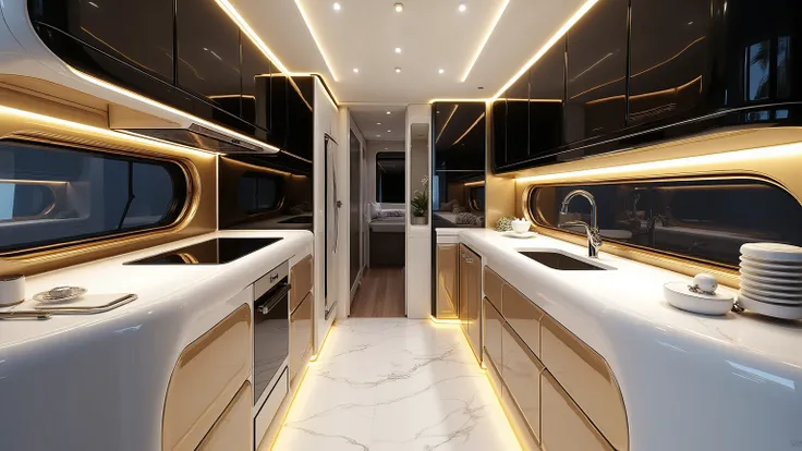 DE_style,The kitchen of the Cadillac motorhome is a compact yet highly refined space, designed with the same futuristic elegance that defines the vehicle’s exterior. Glossy white counters trimmed in polished gold stretch neatly along one side, their sharp ...