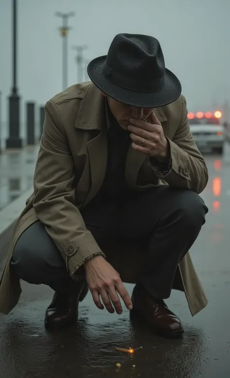 masterpiece, high resolution, best quality, ultra-detailed, 8k resolution, enigmatic detective in rumpled trench coat examining crime scene in foggy waterfront district, coat hem dragging through puddles as he crouches to inspect clue, rain dripping from b...