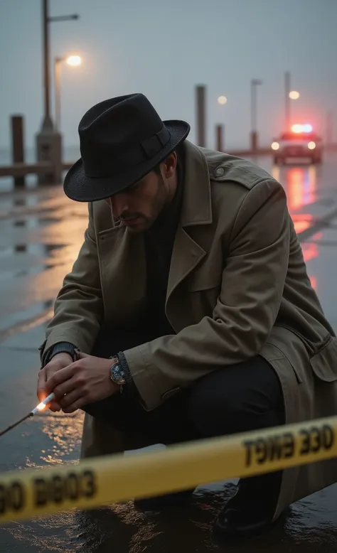 masterpiece, high resolution, best quality, ultra-detailed, 8k resolution, enigmatic detective in rumpled trench coat examining crime scene in foggy waterfront district, coat hem dragging through puddles as he crouches to inspect clue, rain dripping from b...