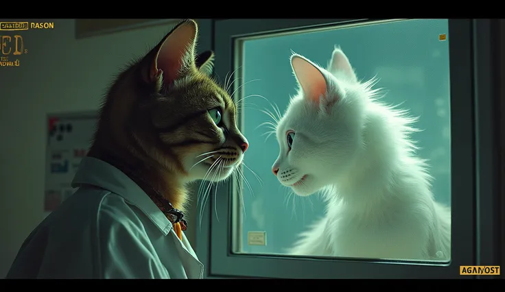 "Parody of a horror poster of found footage, Titled 'NEKOMIMI INCIDENT:  file  #13'. A serious-looking feline scientist in a hazmat suit and oversized cat ears inspects a glowing alien furball inside a sealed chamber.  behind glass , a, Multi-tailed cat en...