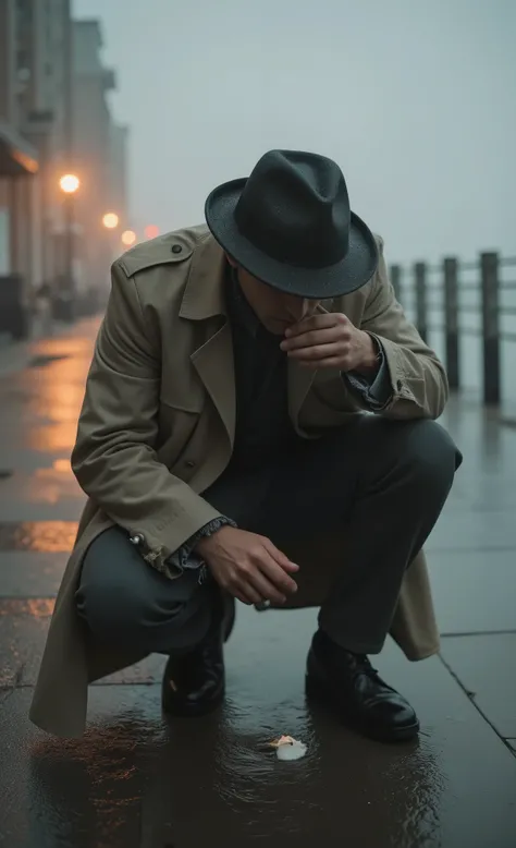 masterpiece, high resolution, best quality, ultra-detailed, 8k resolution, enigmatic detective in rumpled trench coat examining crime scene in foggy waterfront district, coat hem dragging through puddles as he crouches to inspect clue, rain dripping from b...