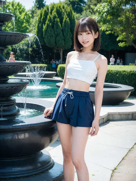 (( Highest Quality)), ((masterpiece)), (  details),  2 women,10 years old,cute, flat chest, elementary school girl,, brown hair,in front of a fountain in the park、standing、above the knee shot 、Wide Decollete、white tube top、belly button out、Belly exposed、th...