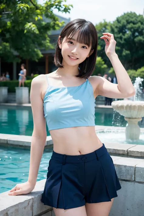 (( Highest Quality)), ((masterpiece)), (  details),  2 women,10 years old,cute, flat chest, elementary school girl,, brown hair,in front of a fountain in the park、standing、above the knee shot 、Wide Decollete、white tube top、belly button out、Belly exposed、th...