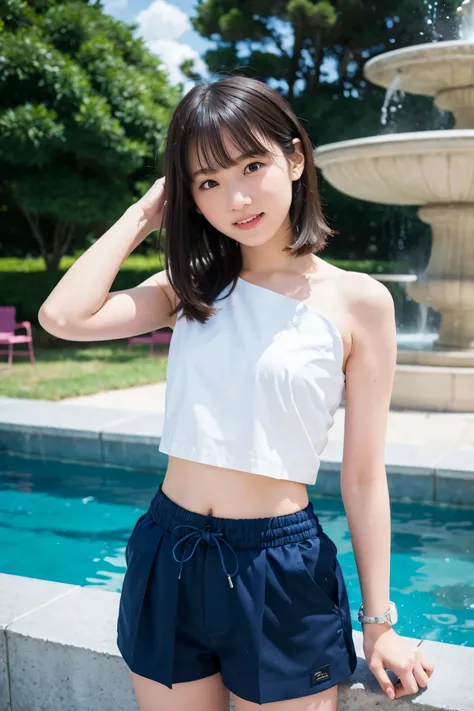 (( Highest Quality)), ((masterpiece)), (  details),  2 women,10 years old,cute, flat chest, elementary school girl,, brown hair,in front of a fountain in the park、standing、above the knee shot 、Wide Decollete、white tube top、belly button out、Belly exposed、th...