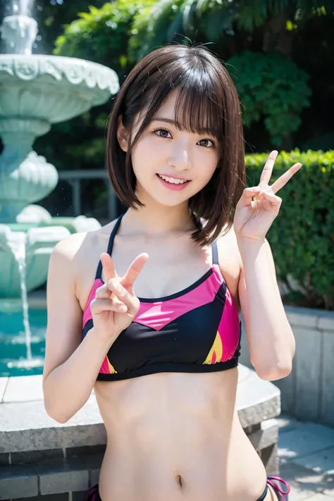 (( Highest Quality)), ((masterpiece)), (  details),  2 women,2 Girls、10 years old,cute, flat chest, elementary school girl,, brown hair,in front of a fountain in the park、standing、sexy pose、above the knee shot 、Colorful Bikinis Tops、belly button out、Belly ...