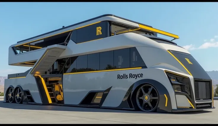 A photo of the  side of a dark blue 2026  rolls Royce moterhome with a sleek, full modified, modern design. The car is parked on a white surface. The background is a luxury light house with white lights. The photo reveals the luxurious interior. The overal...