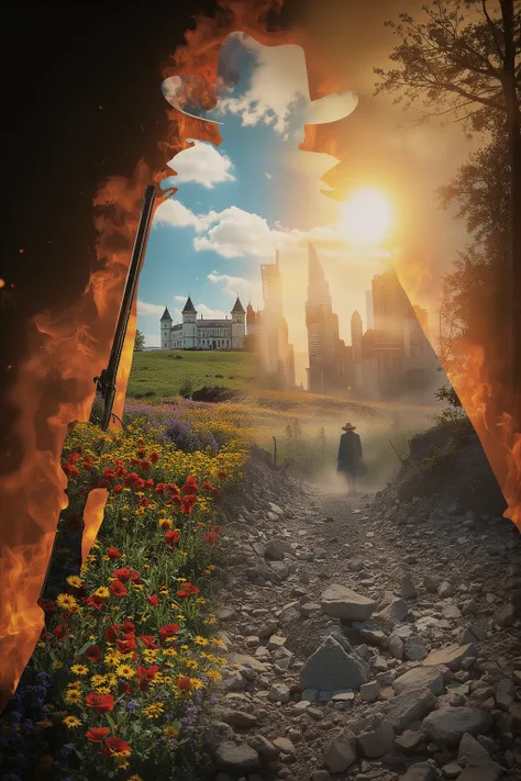 Masterpiece Photographic Double Exposure: , a clear silhouette of a man with a long revolver, clothed in a long fluttering cloak and a wide-brimmed cowboy hat, in profile against the background of an orange-black flame. INSIDE THE SILHOUETTE, the space is ...