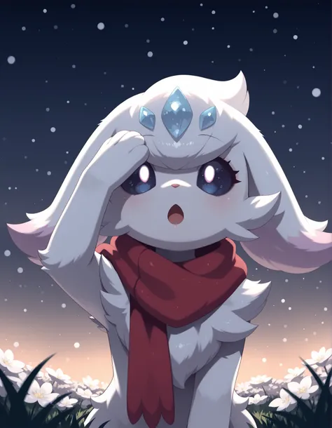 pearlykf, pokemon (creature),, Noxmauve, solo furry, no human, guardian spirit, ori \(ori\), white body, big eyes, half-length portrait, fluffy, curious, happy, open mouth, head up, particles, raised one hand on forehead, red scarf, steamy breath, BREAK, ...