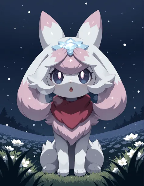pearlykf, pokemon (creature),, Noxmauve, solo furry, no human, guardian spirit, ori \(ori\), white body, big eyes, half-length portrait, fluffy, curious, happy, open mouth, head up, particles, raised one hand on forehead, red scarf, steamy breath, BREAK, ...