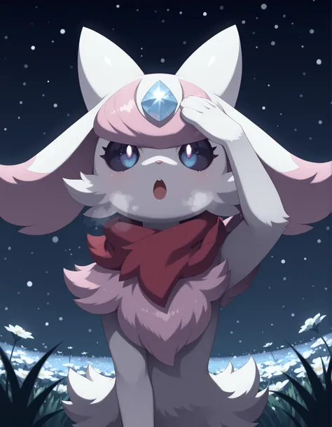 pearlykf, pokemon (creature),, Noxmauve, solo furry, no human, guardian spirit, ori \(ori\), white body, big eyes, half-length portrait, fluffy, curious, happy, open mouth, head up, particles, raised one hand on forehead, red scarf, steamy breath, BREAK, ...