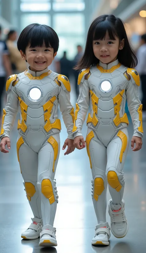 character: 1 asian toddler boy black hair and 1 asian toddler girl black hair Straight with bangs .
action: Walking straight.

Expression : smiling. Looking at the camera.

Costume : they Wearing futuristic biru white electric venom ironman body suit with ...