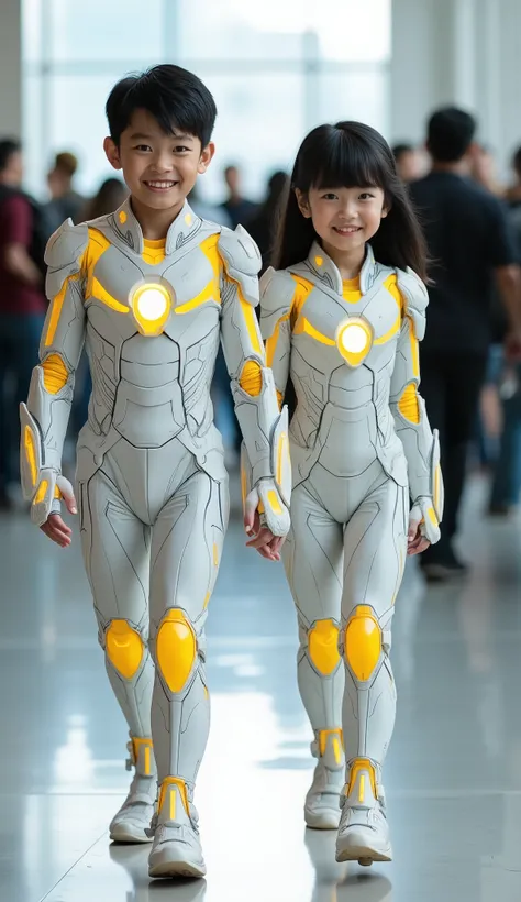 character: 1 asian preteen boy black hair and 1 asian preteen girl black hair Straight with bangs .
action: Walking straight.

Expression : smiling. Looking at the camera.

Costume : they Wearing futuristic biru white electric venom ironman body suit with ...